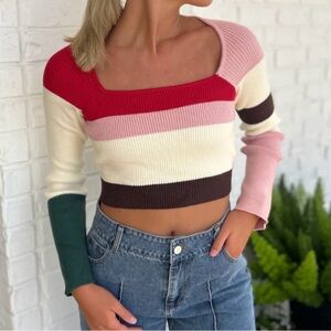 Striped Square-Neck Crop Top in Red, Pink, Cream & Green